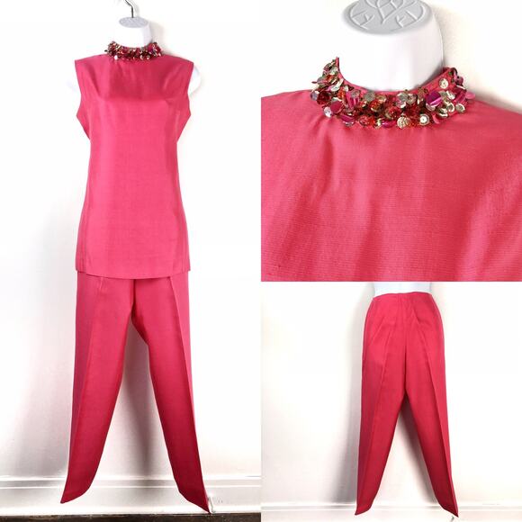 Vintage Pink Silk High Collared Sequin Pant set Size XS/S - Picture 1 of 7